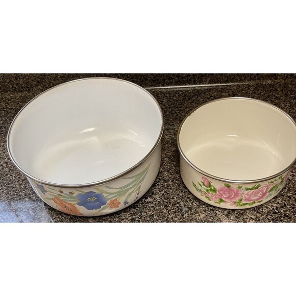 Vintage Enamel Mixing Bowls Floral Flowers - Picture 1 of 5
